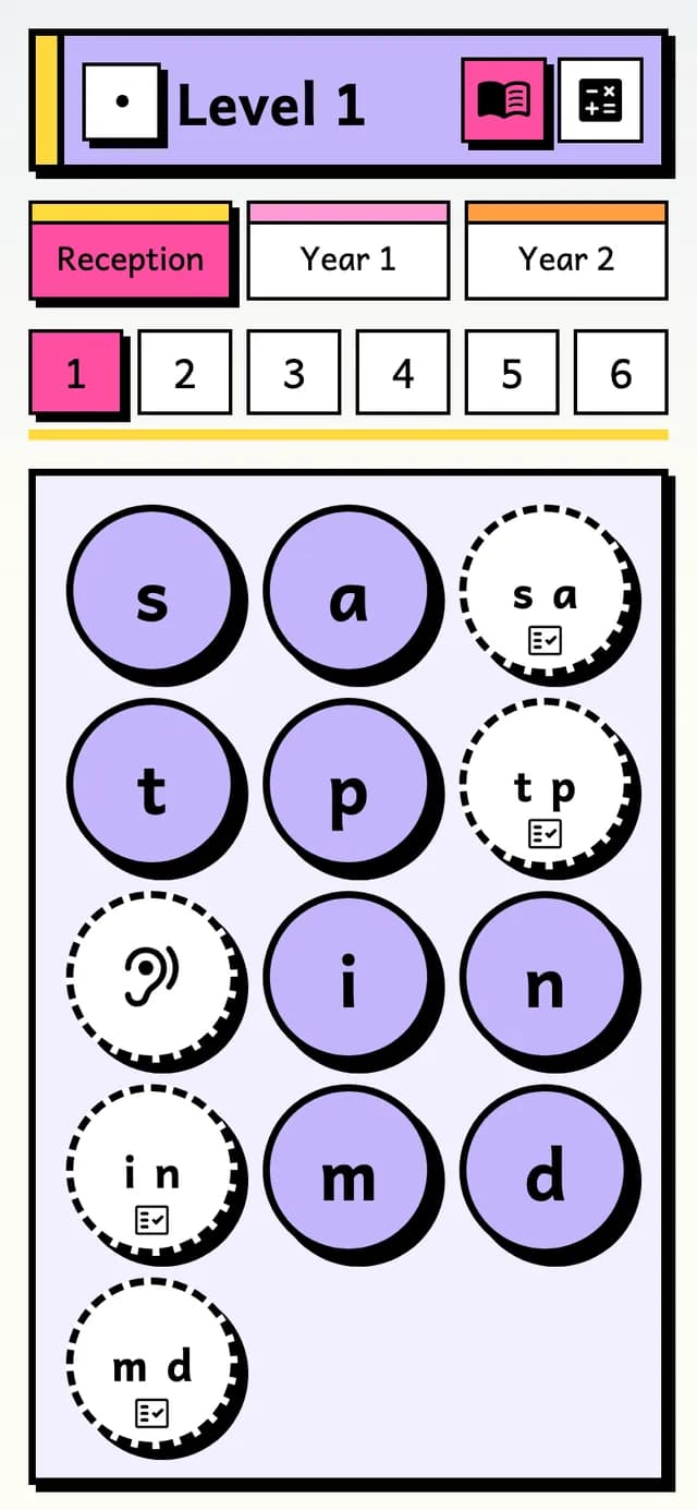 Reception Level 1: a letter lesson for each of s, a, t, p, i, n, m and d, with review games in between.